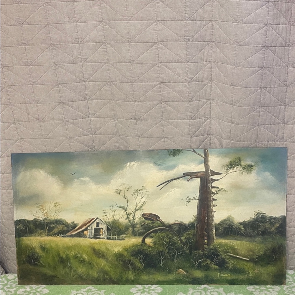 Fraser Landscape Painting with old barn & old tractor parts